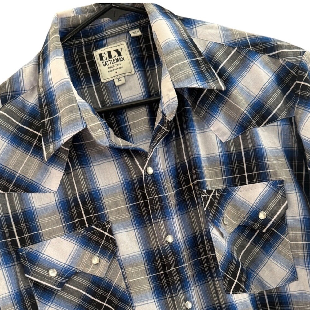 Vintage Ely Cattleman Mens XL Blue Plaid Short Sleeve Western Pearl Snap Shirt